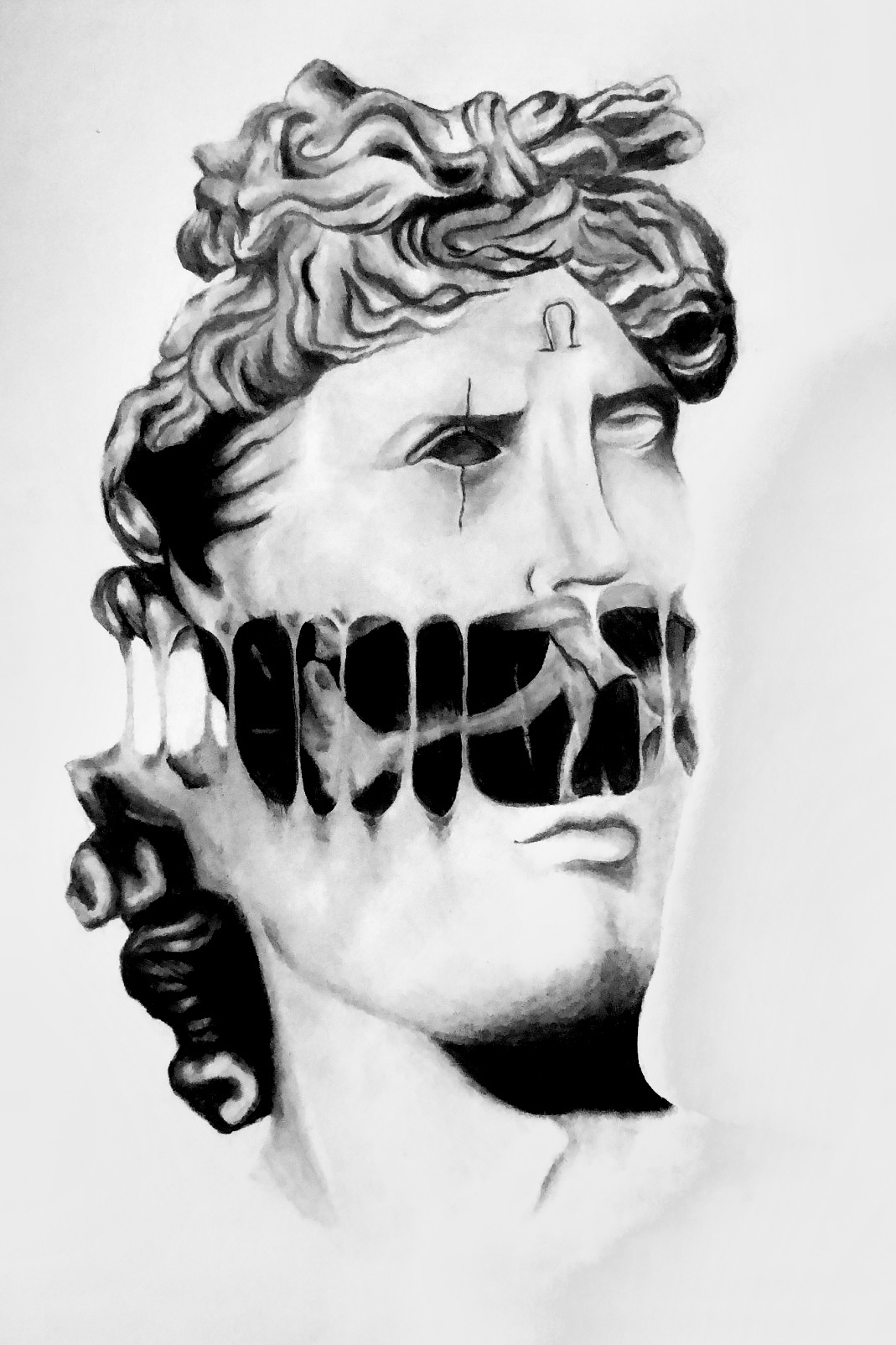 Graphite drawing of a classical marble head with a surreal collage of teeth